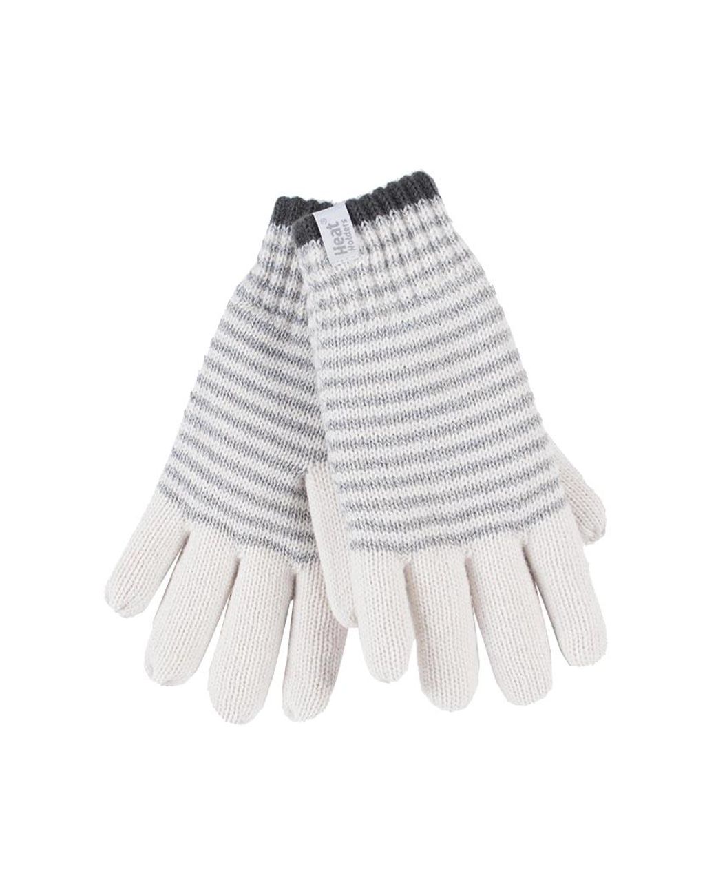 Heat Holders White Striped Fleece Lined Thermal Gloves