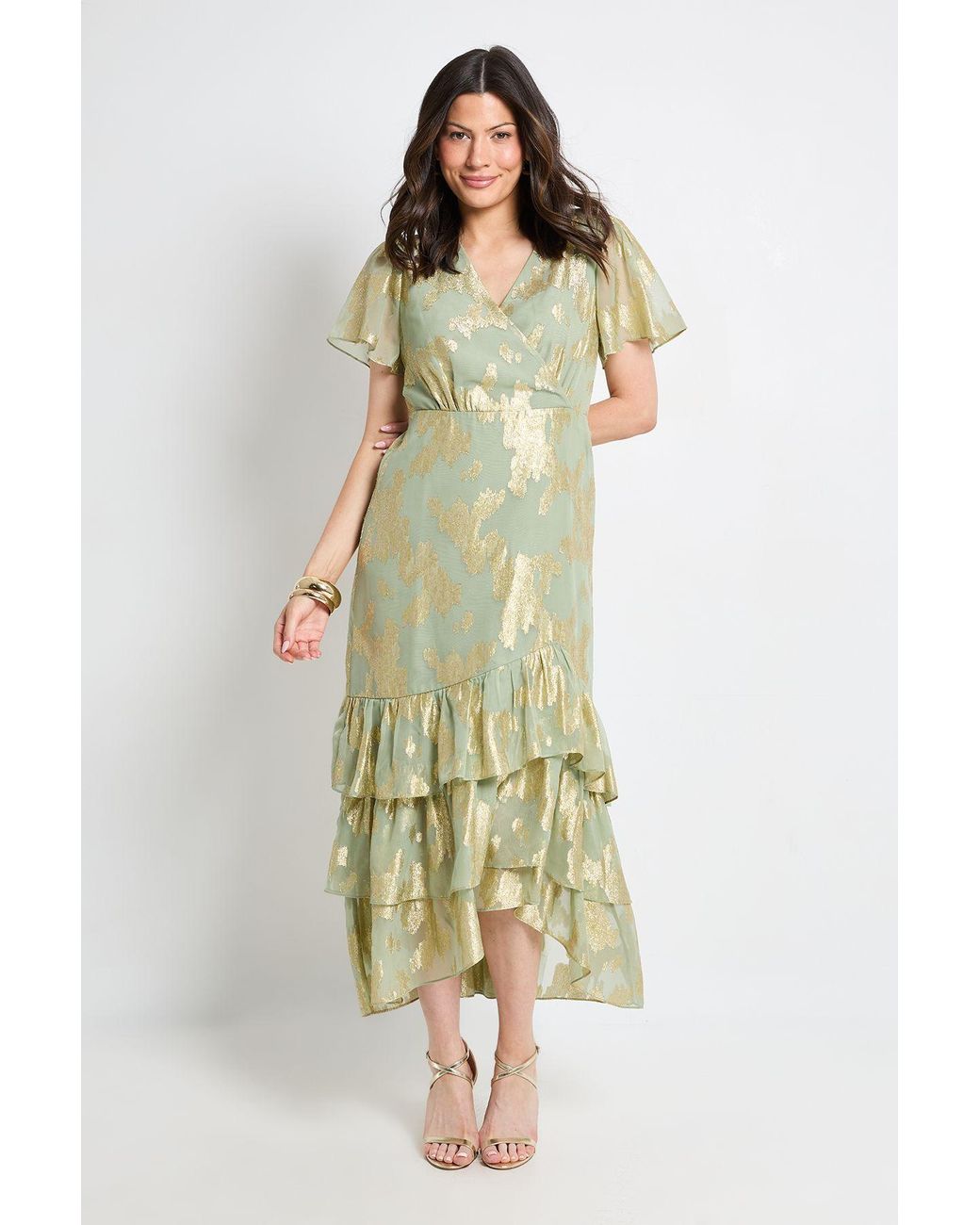 Wallis Green Metallic Ruffle Hem Midi Dress
