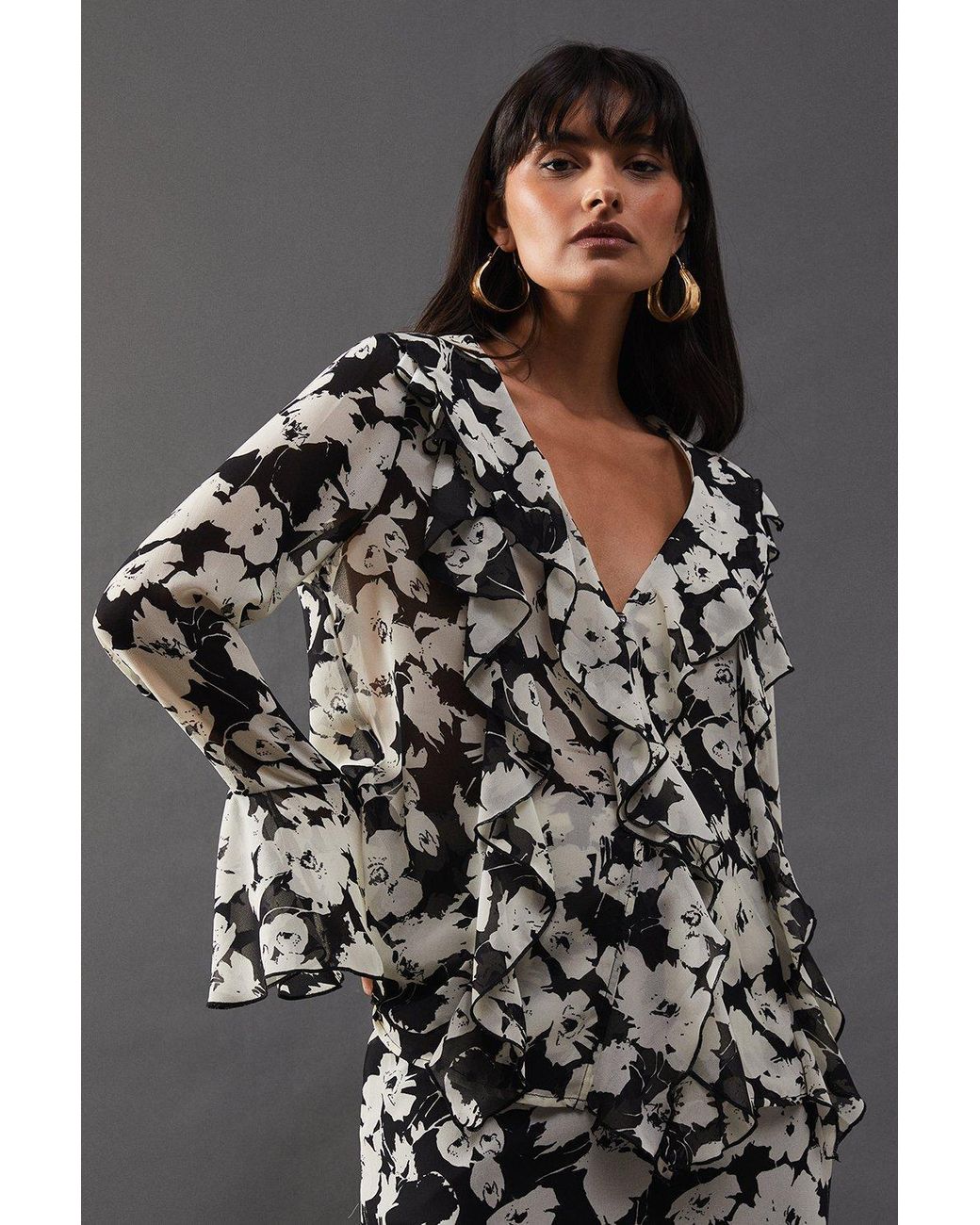 Warehouse Gray Floral Chiffon Ruffle Front Blouse