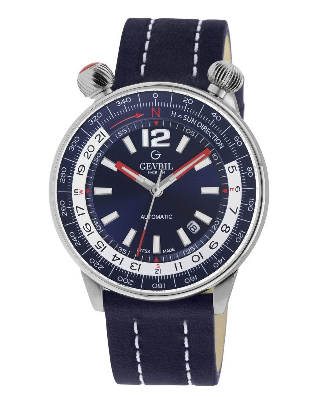 Gevril Gray Wallabout 48566A Swiss Automatic Italian Handmade Leather Luminous Day, Date Watch for men