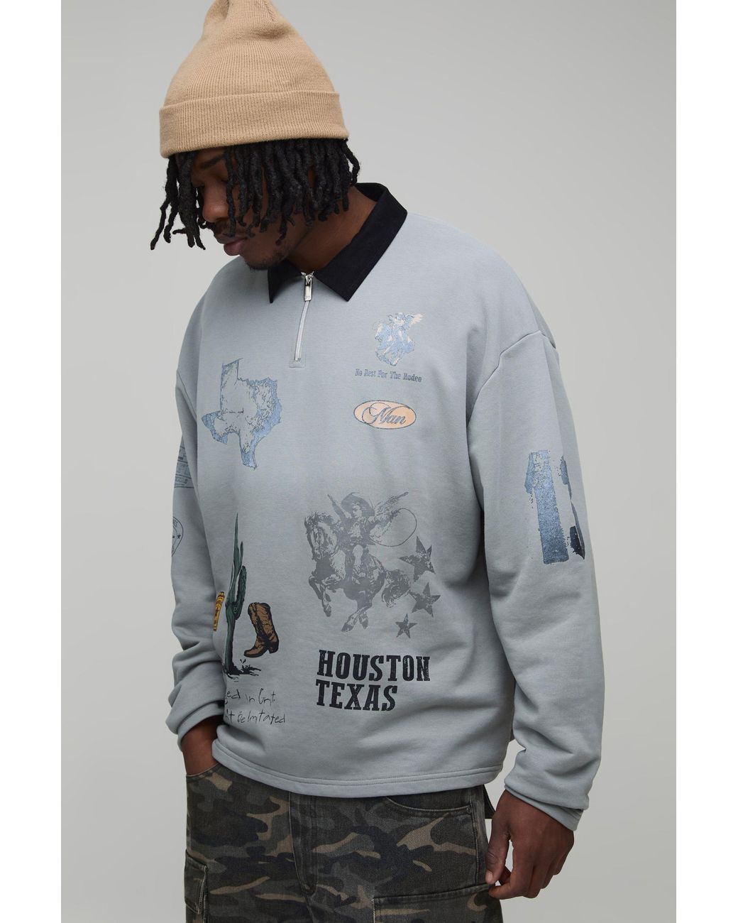 BoohooMAN Gray Tall Oversized Western Printed Badged Rugby Sweatshirt for men
