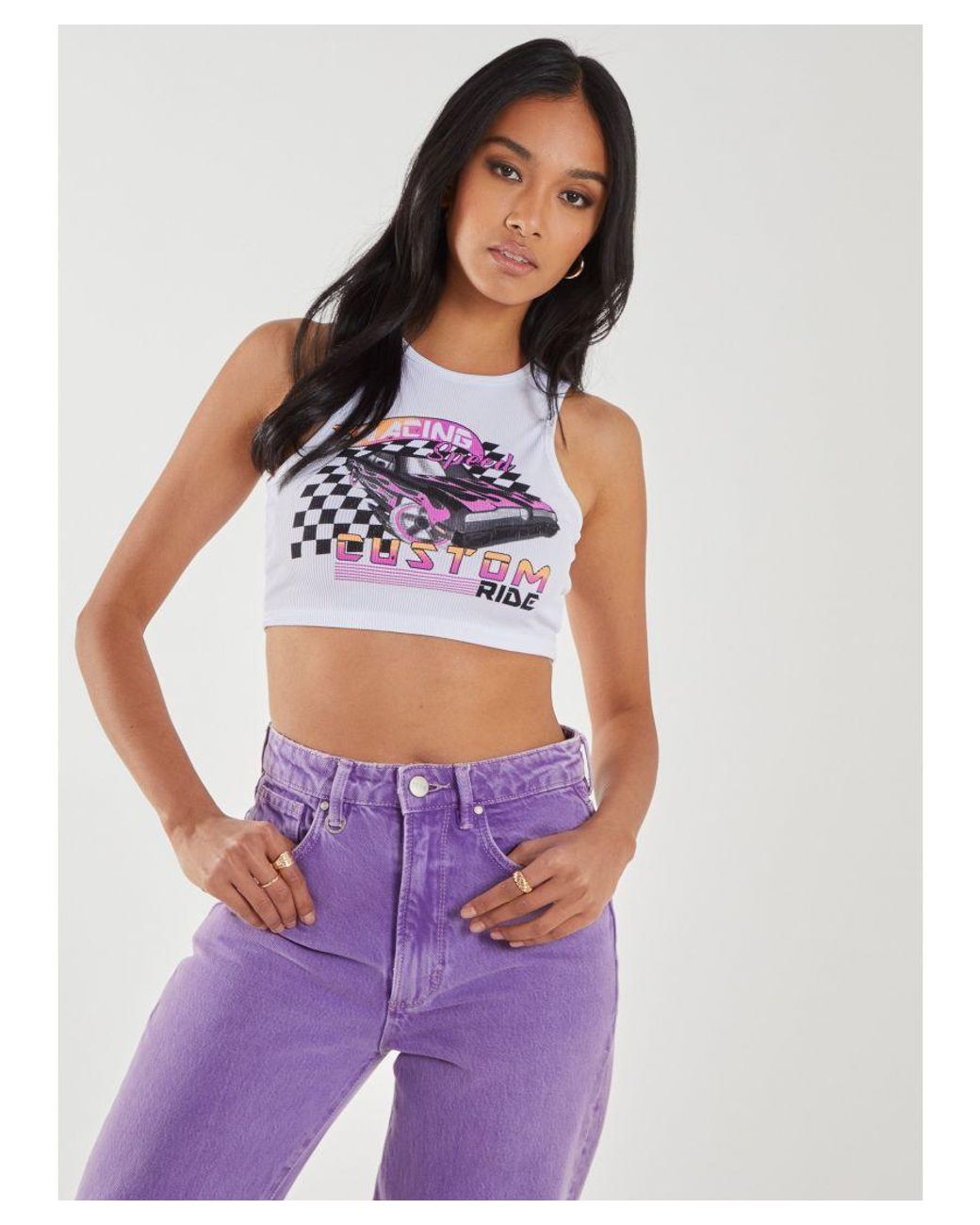 Pink Vanilla White Graphic Printed Cropped Vest