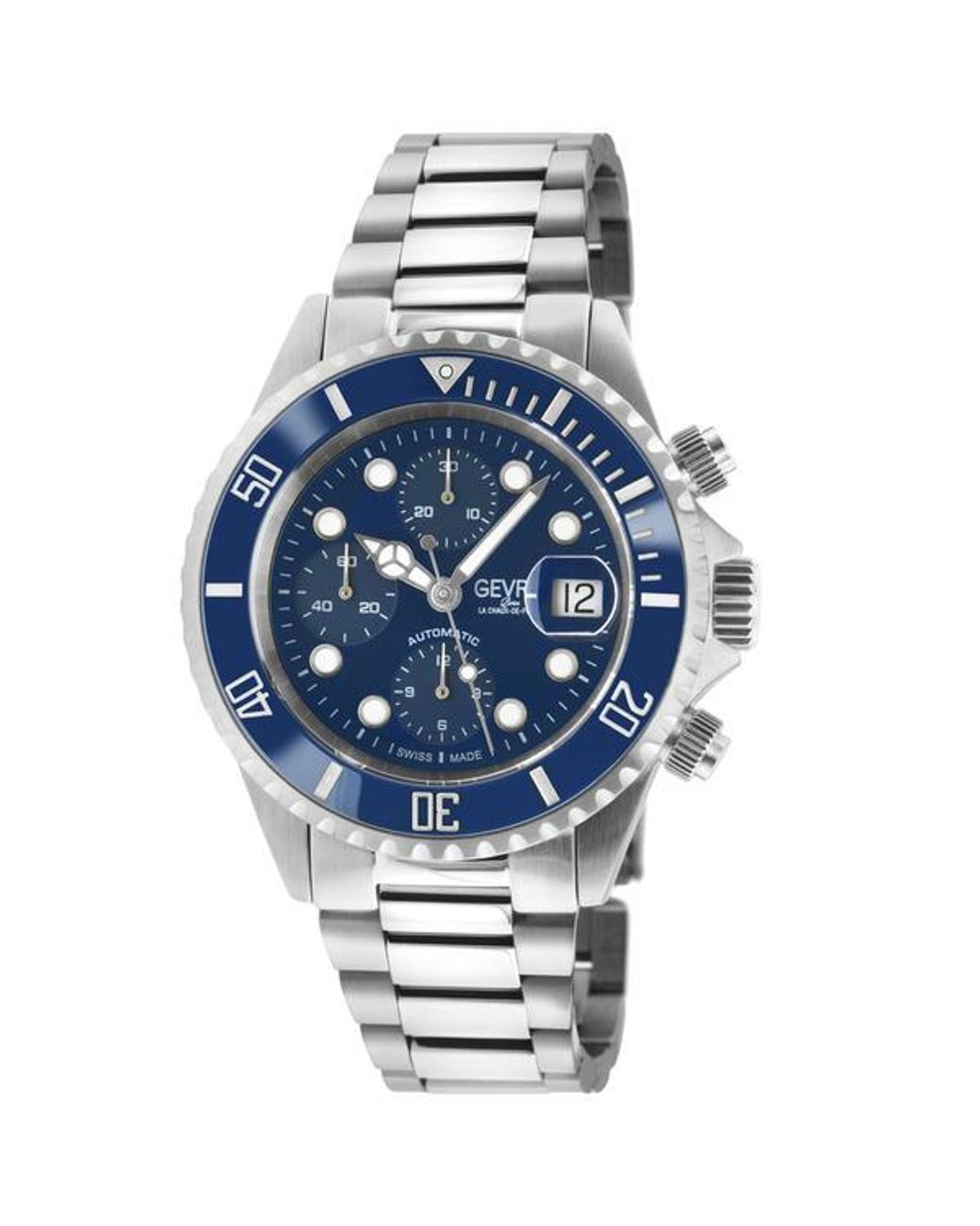Gevril Blue Wall Street Swiss Automatic Chronograph Sellita Sw500 Dial Stainless Steel Watch for men