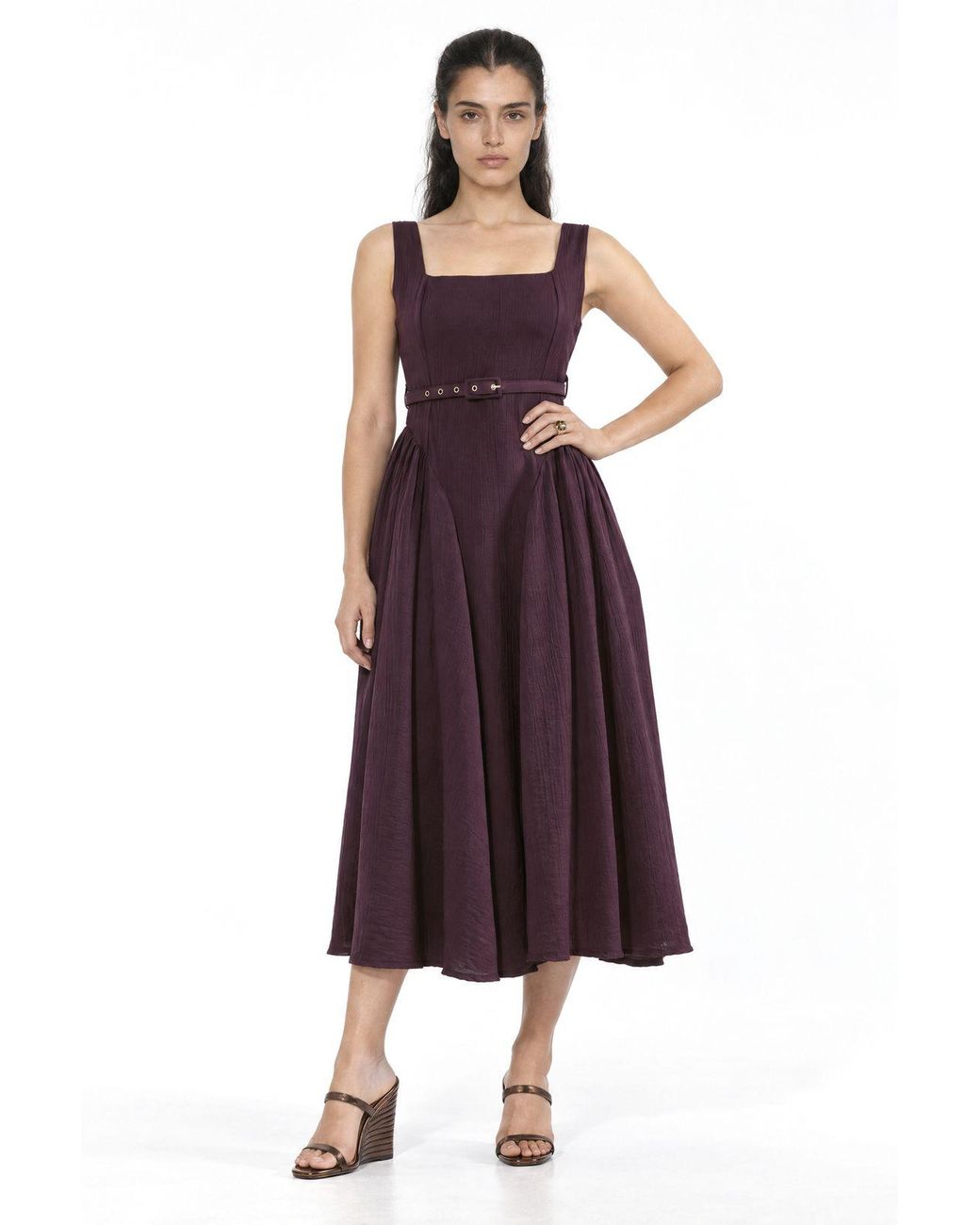 Busem Purple Square Collar Belted Midi Dress