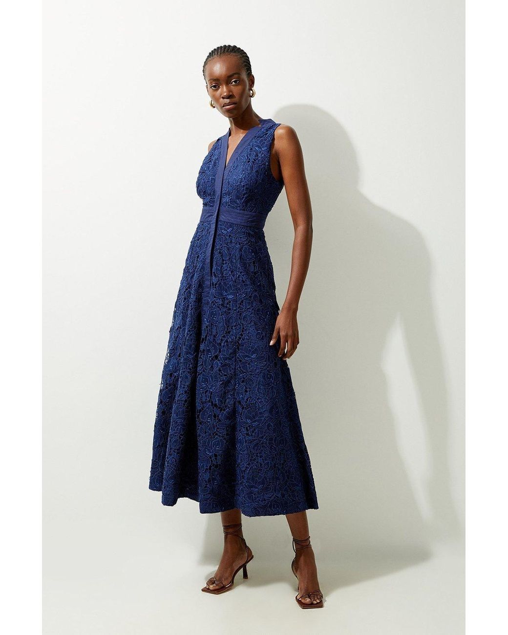 karen millen blue floral dress Blue KarenMillen Floral Print Crepe High Neck Midi Dress