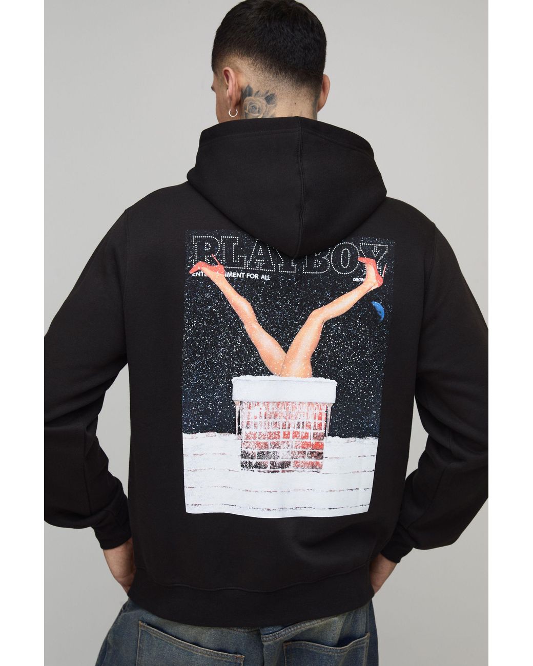 BoohooMAN Gray Tall Oversized Playboy Christmas License Printed Hoodie for men