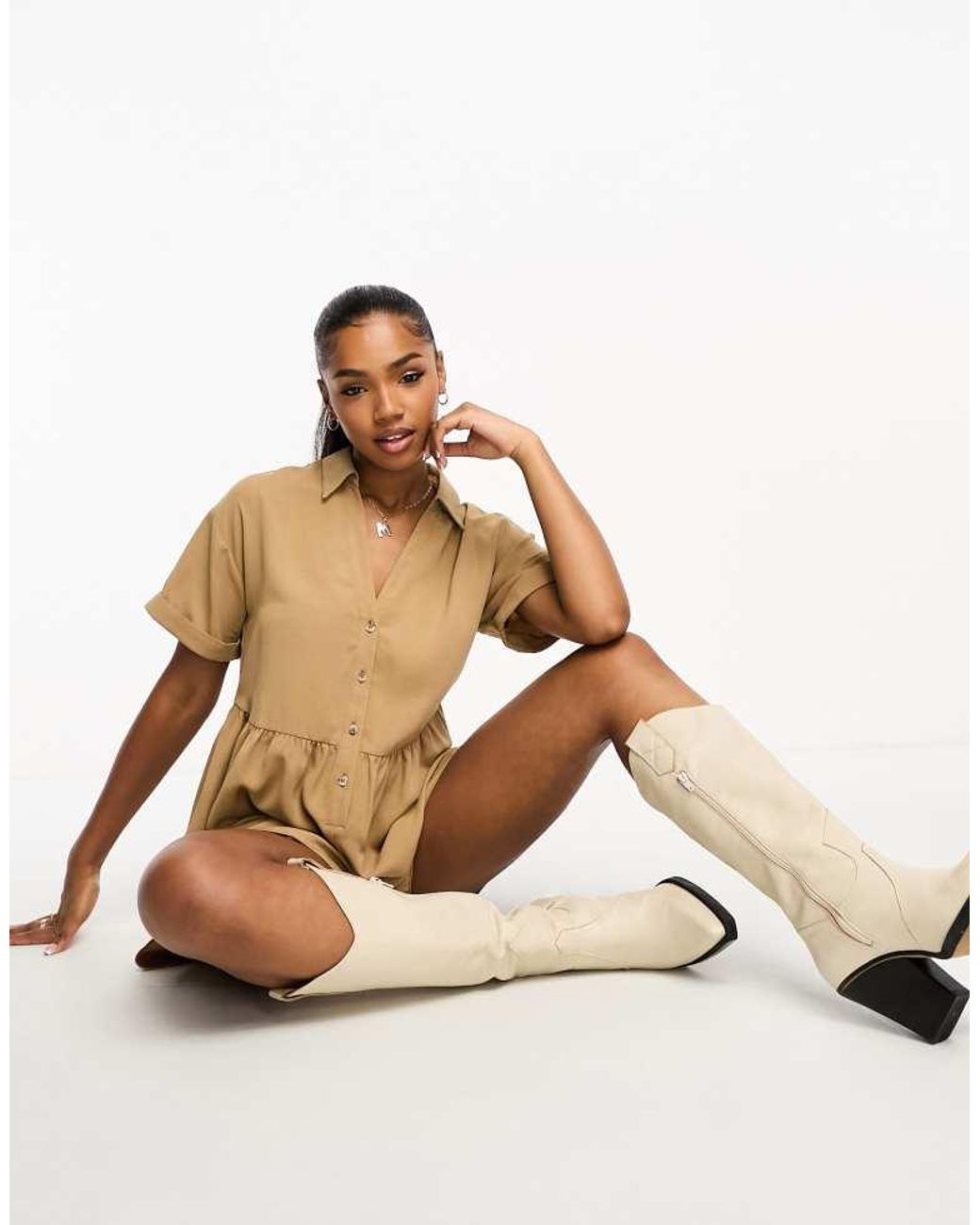 Miss Selfridge White Linen Look Soft Shirt Playsuit