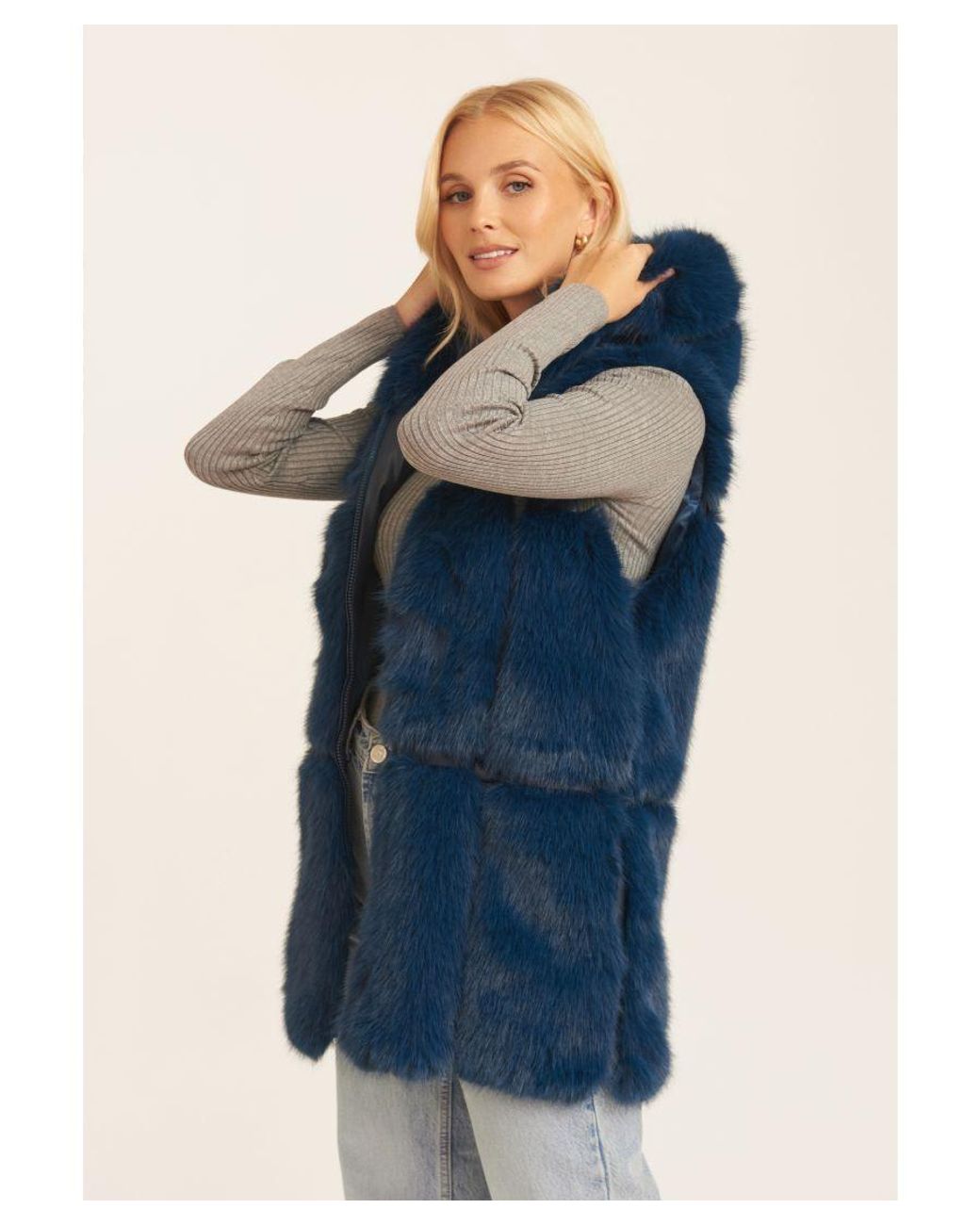 Gini London Fur Longline Gilet in Blue | Lyst UK