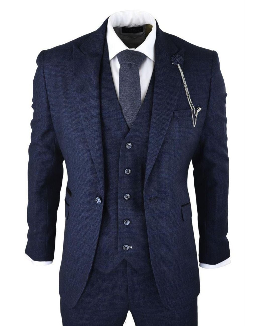Infinity Leather Blue 3 Piece Check Tweed Retro Classic Suit for men