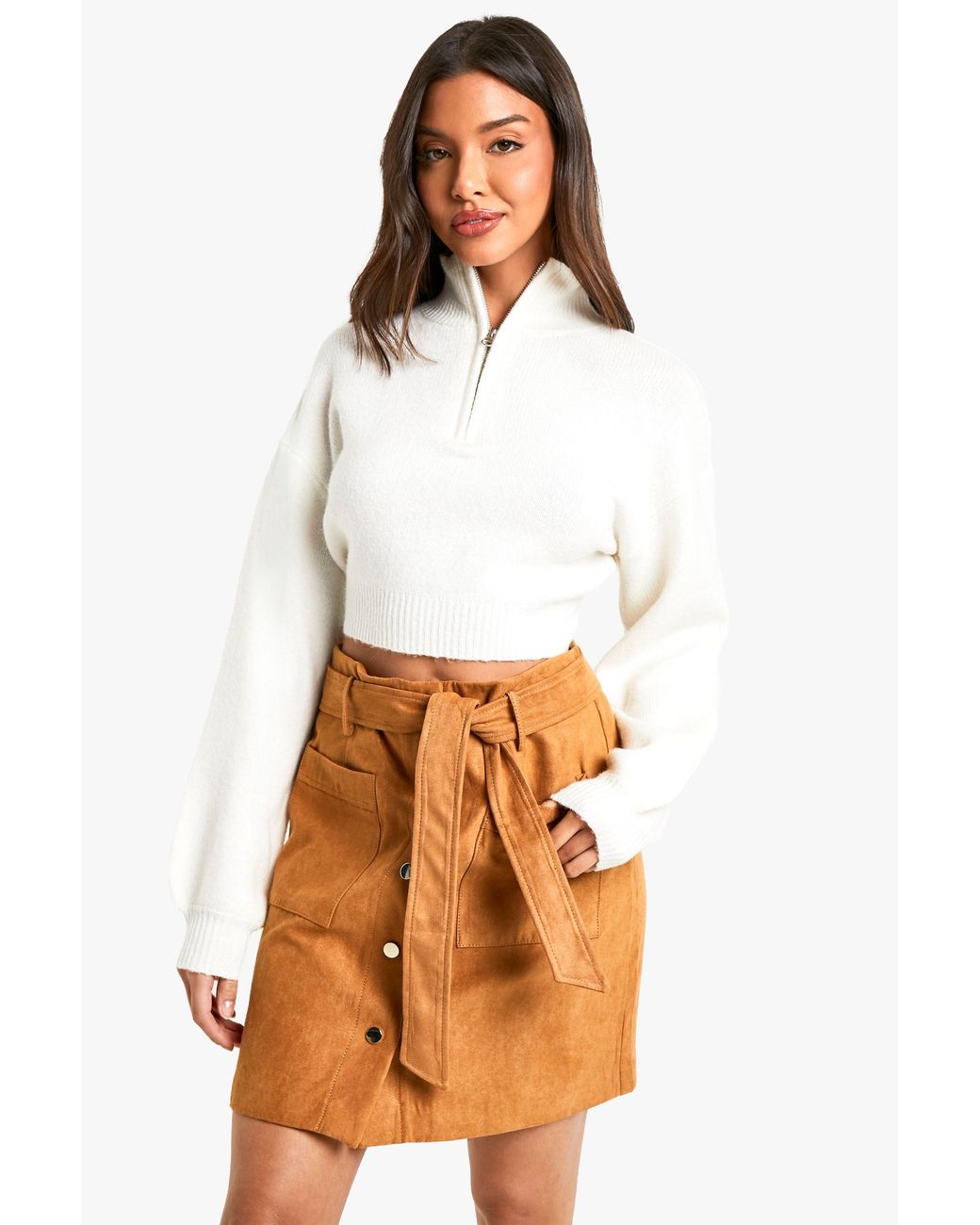 Boohoo White Belted Button Through Suede Look Mini Skirt