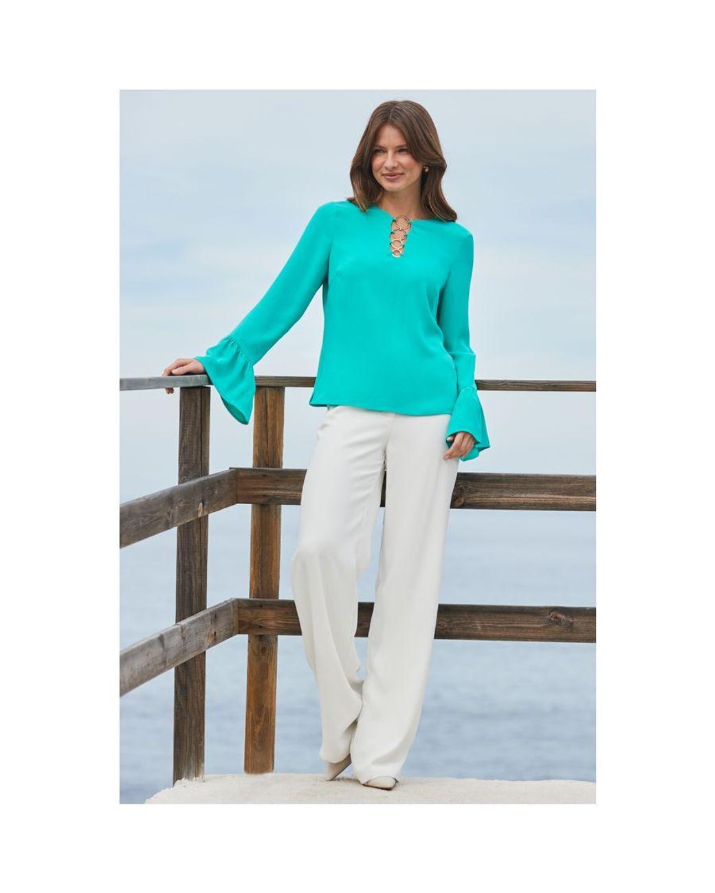 Sosandar Blue Aqua Ring Detail Flared Sleeve Top