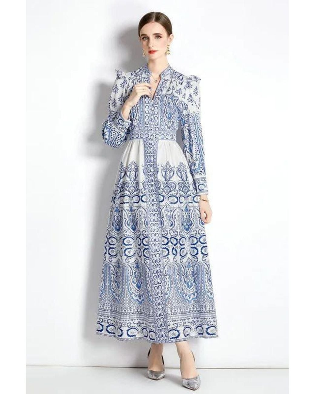 Msn-Collection Blue Paisley Print Maxi Dress With Button Closure