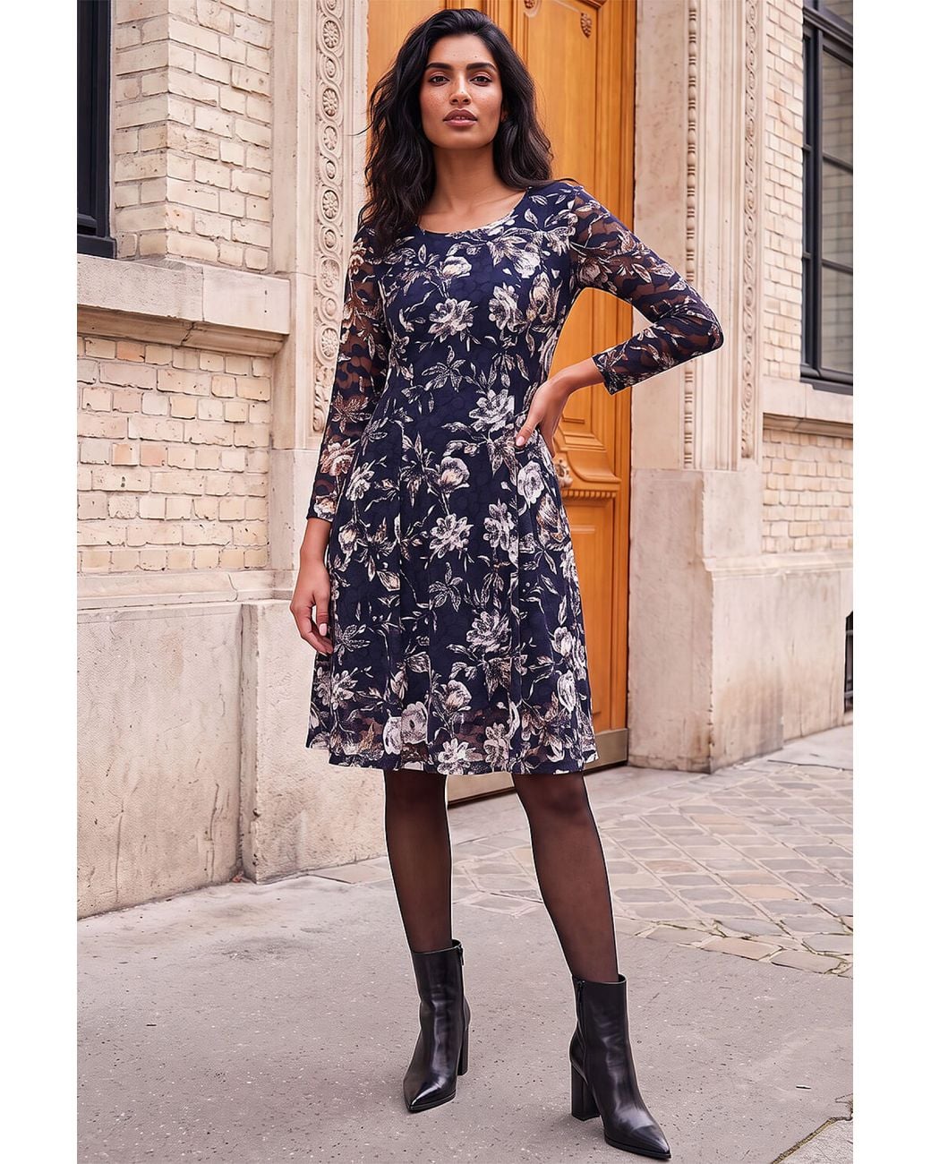 Roman Blue Floral Lace Stretch Dress