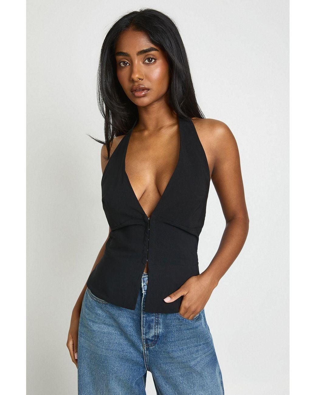 Boohoo Blue Bengaline Hook And Eye Hlaterneck Corset Top