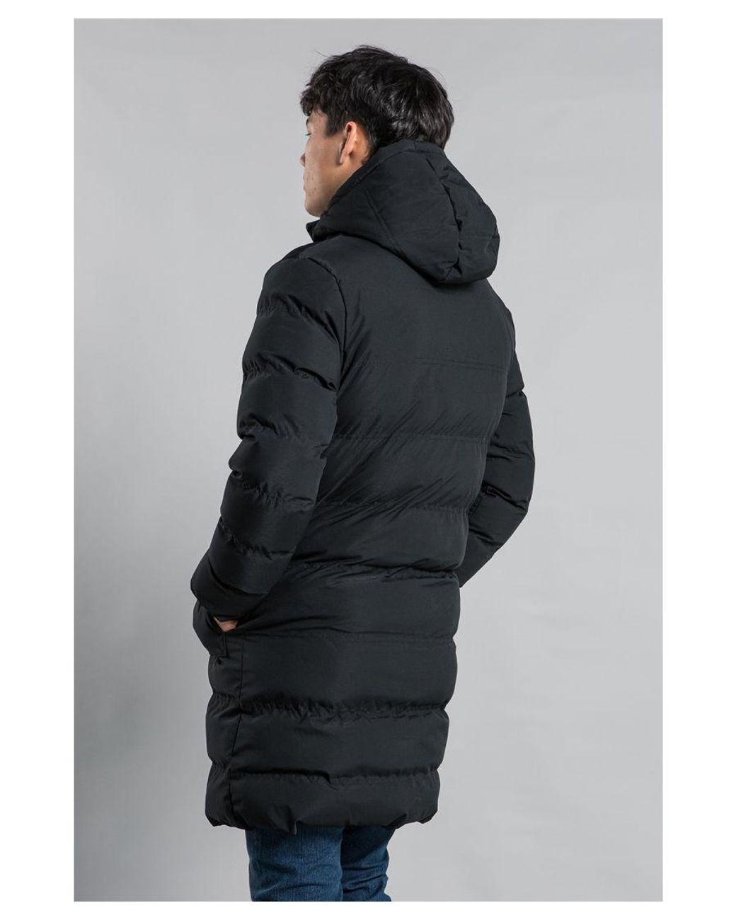 Nines Black Longline Funnel Neck Hooded Padded Jacket for men