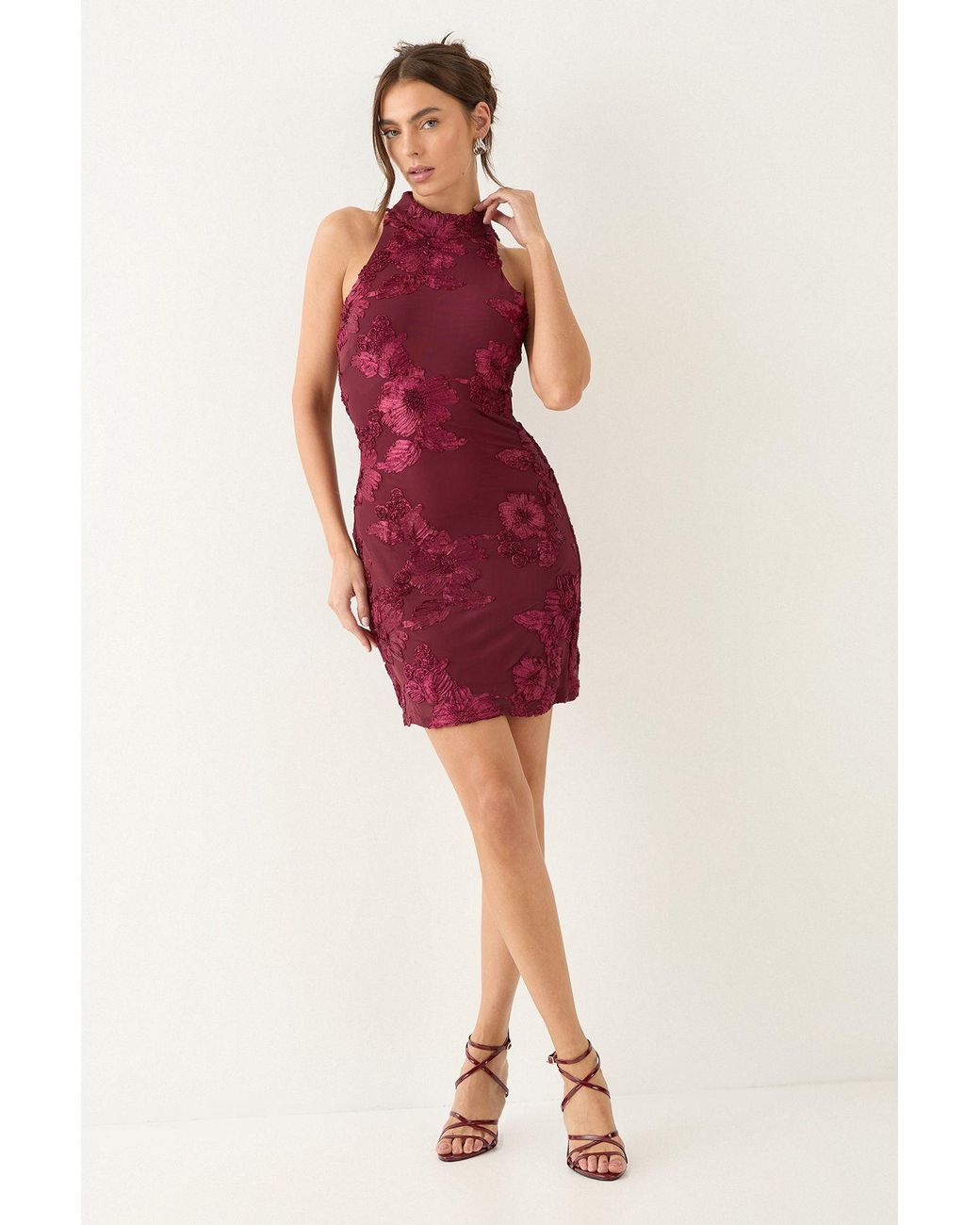 MissPap Textured Floral High Neck Mini Dress
