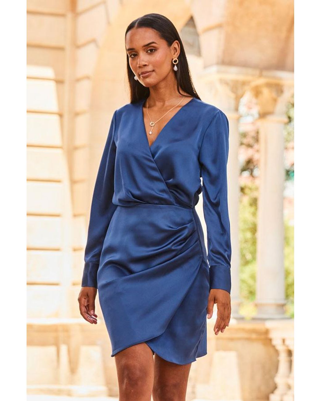 Sosandar Blue Midnight Satin Wrap Dress