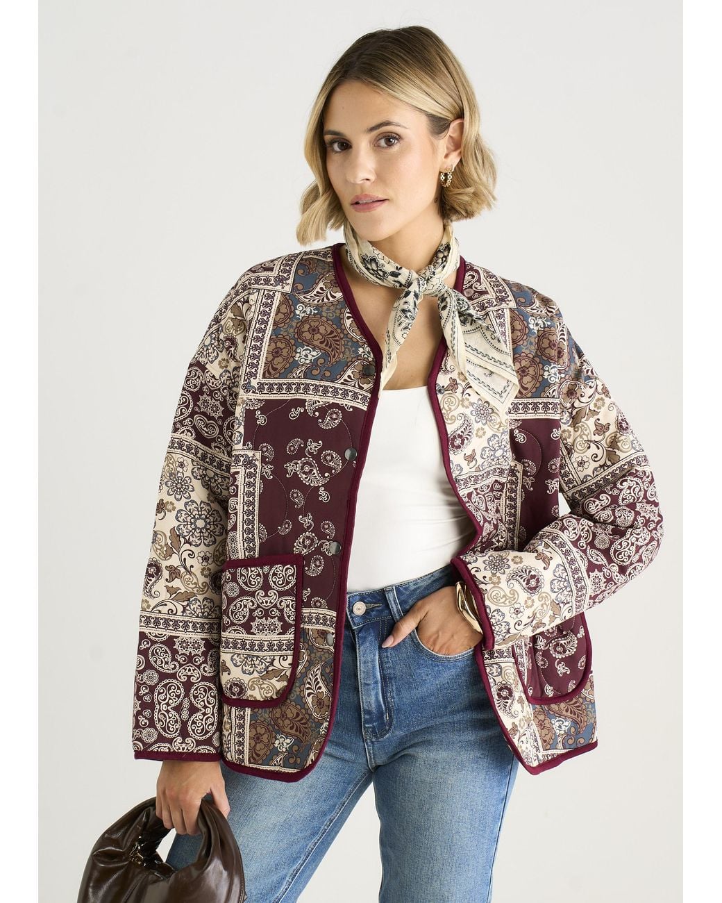 Gini London Blue Paisley Tile Print Lightweight Quilted Jacket