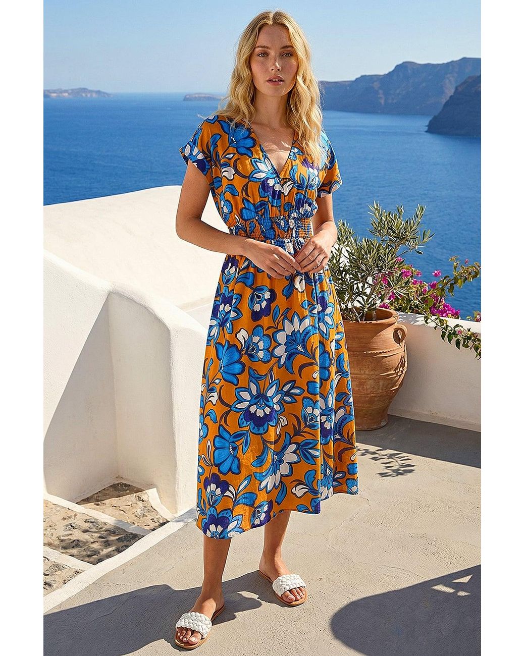 Roman Blue Floral Print Shirred Midi Dress