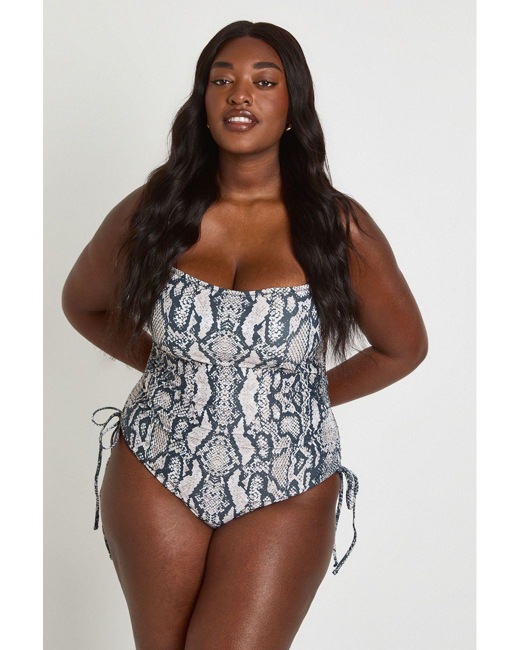 Boohoo Natural Plus Snake Print Ruched Swimsuit