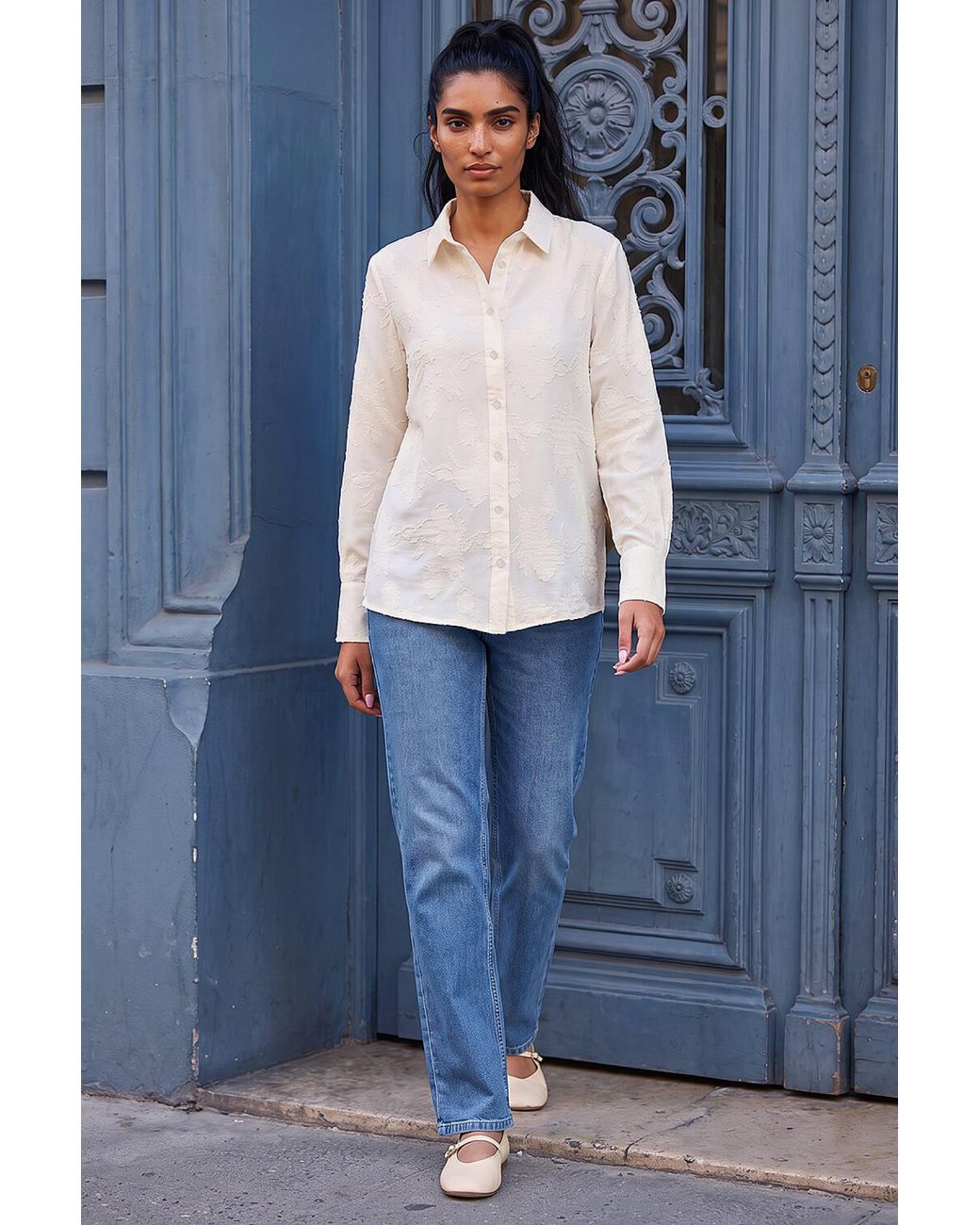 Roman Blue Floral Textured Collared Shirt