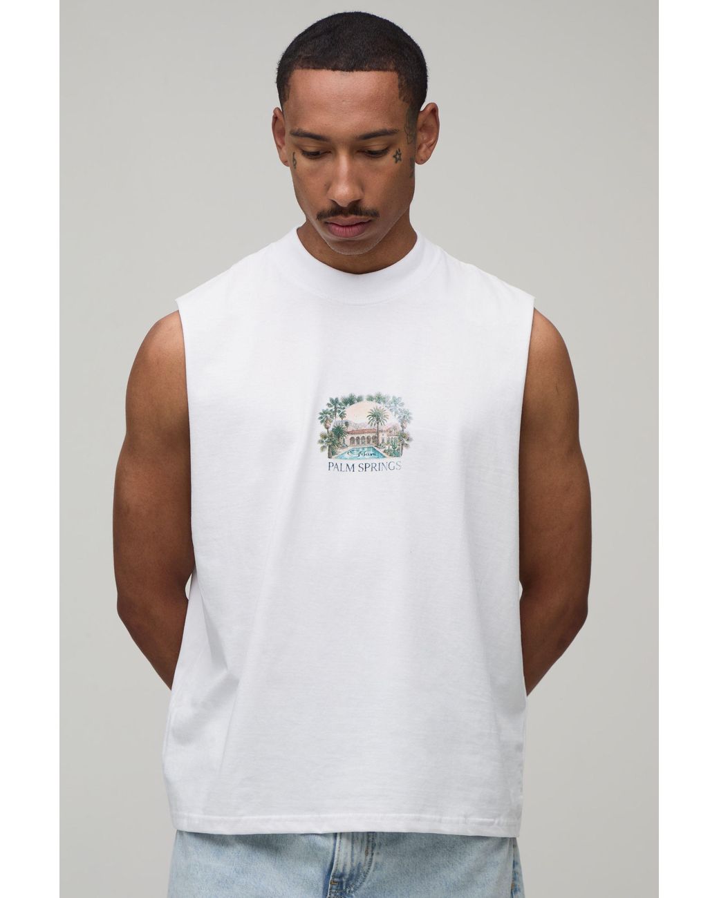 BoohooMAN White Oversized Boxy Palm Springs Print Tank Cotton for men