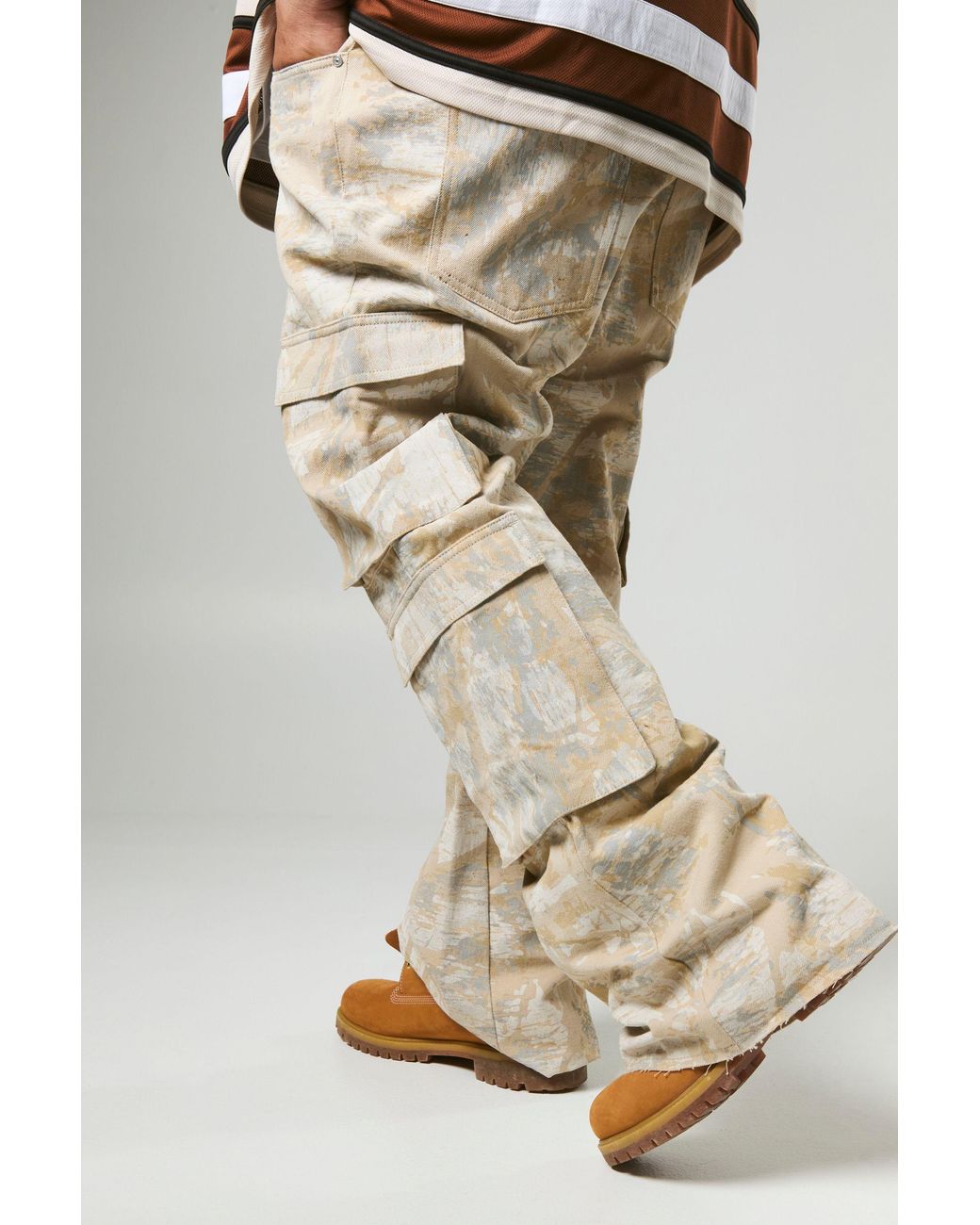 BoohooMAN Natural Plus Forest Camo Multi Cargo Slim Flared Jeans for men