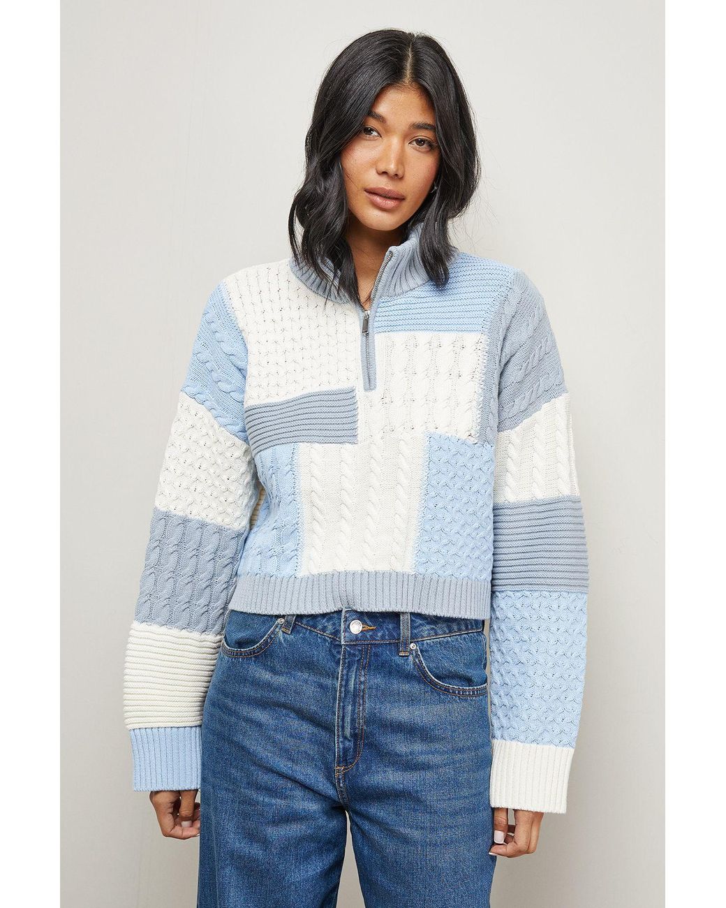 Warehouse White Patchwork Crop Cable Jumper