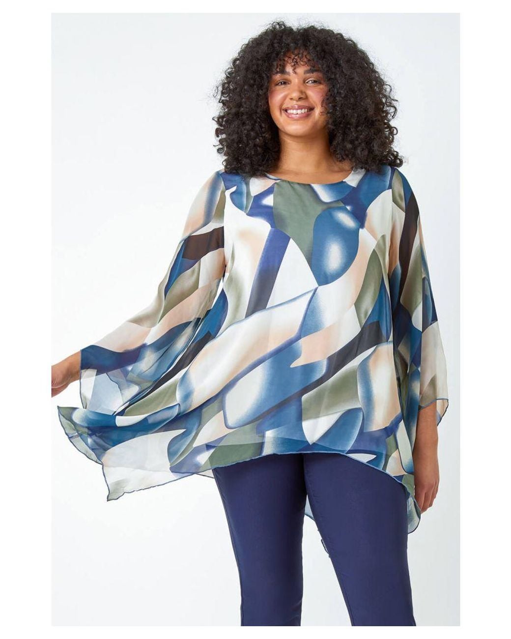 Roman Curve Blue Abstract Chiffon Overlay Top