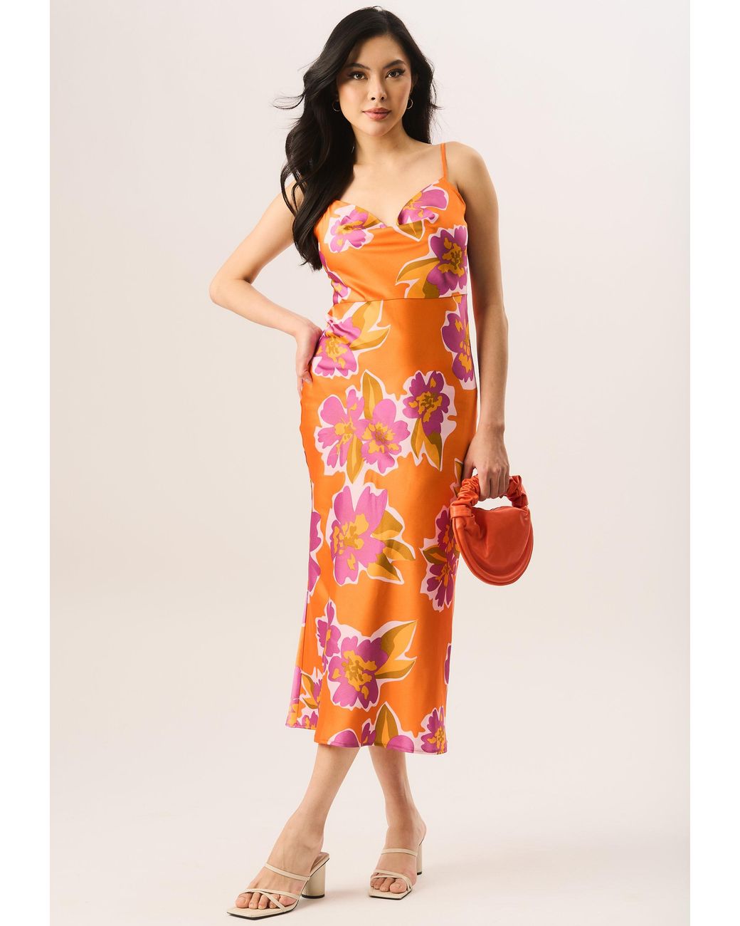 Gini London Orange Floral Print Cowl Neck Slip Midi Dress