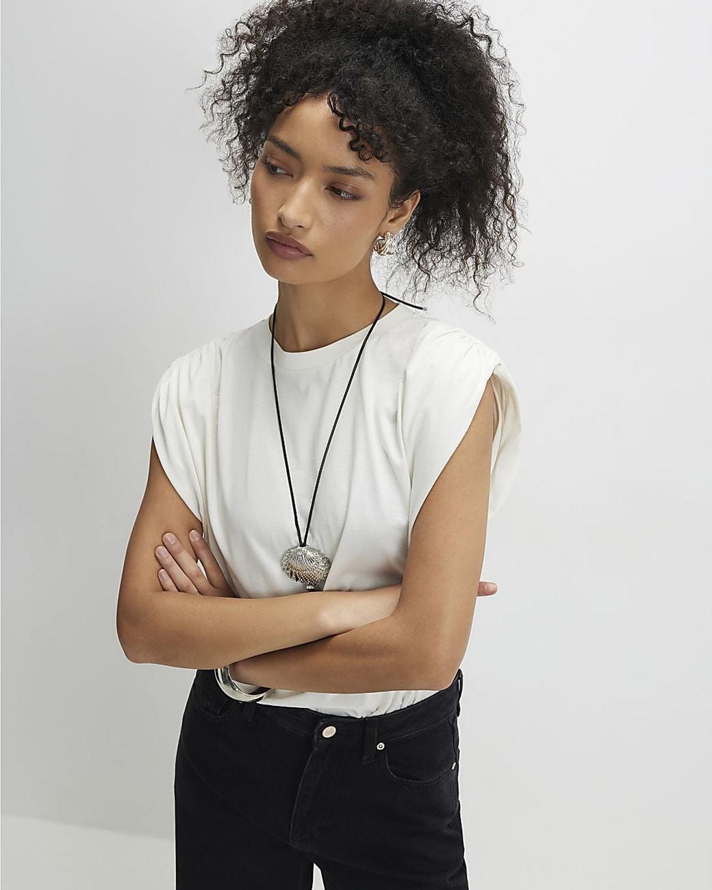 River Island White T-Shirt Cotton Premium Ruched Shoulder