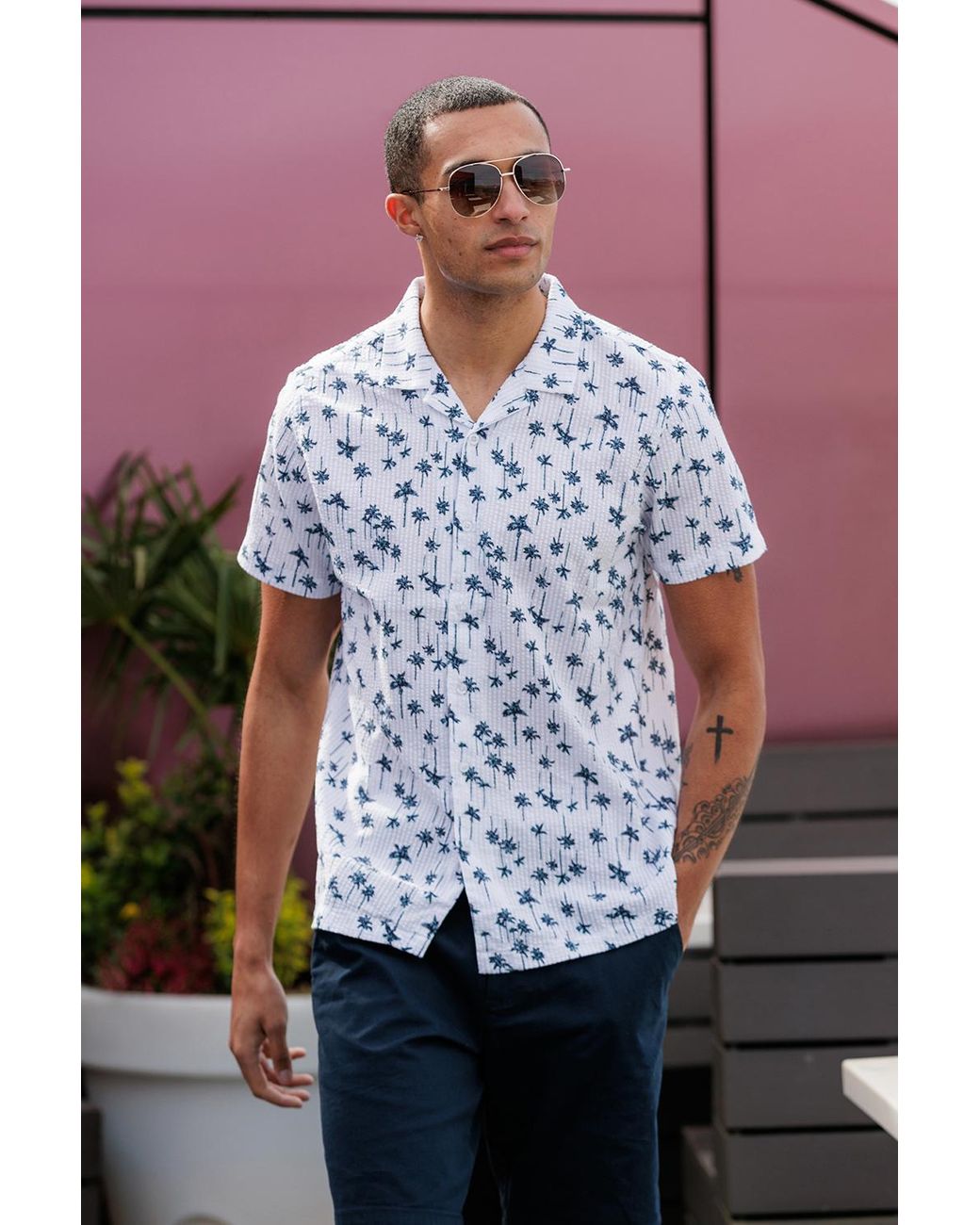 Brave Soul White Printed Revere Collar Shirt for men