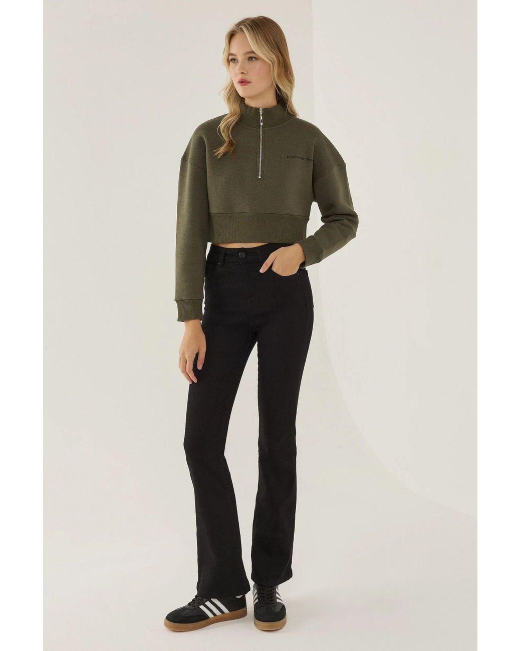 Hiccup Green Zipper Collar Crop Slogan Sweatshirt