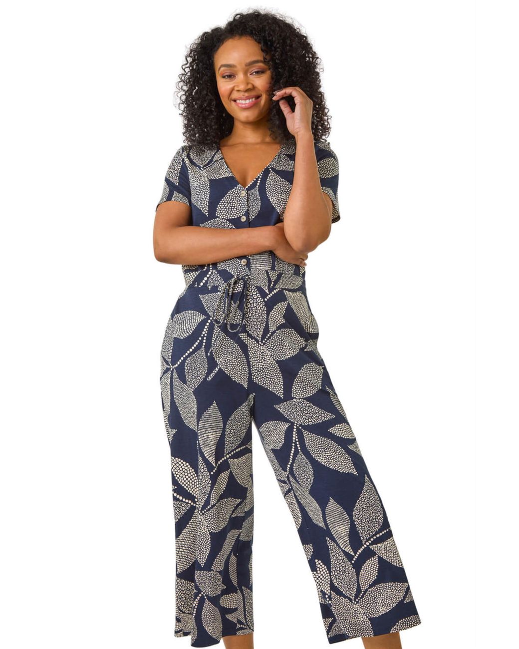 Roman Blue Petite Leaf Print Stretch Jumpsuit
