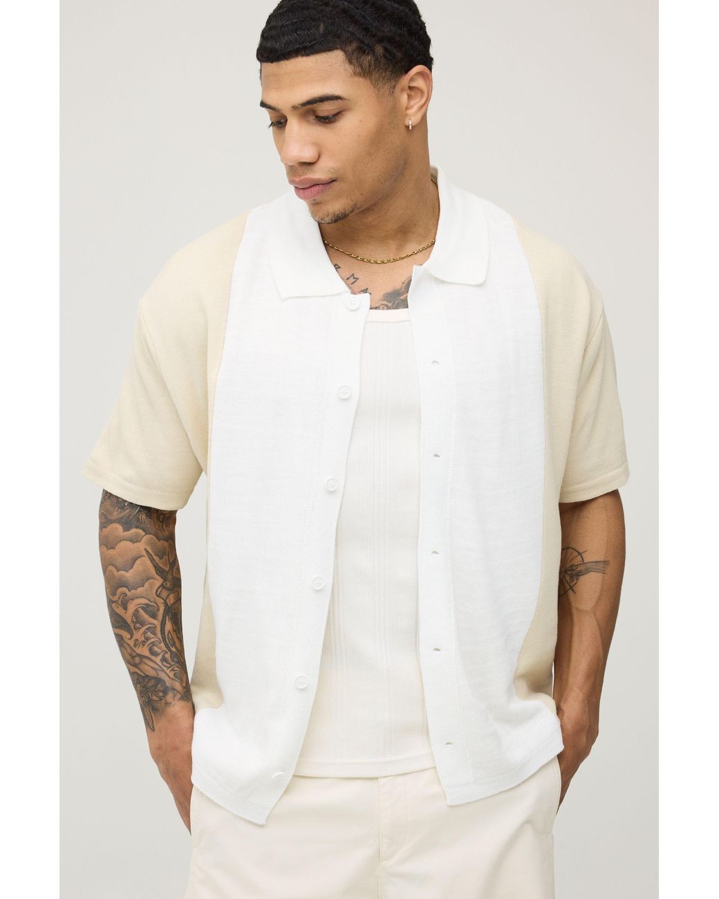 BoohooMAN White Relaxed Boxy Colour Block Knitted Shirt for men