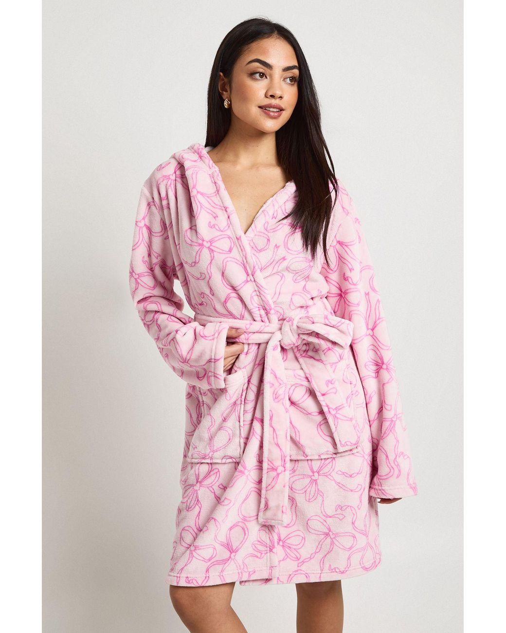 Boohoo Pink Bow Print Hooded Mini Dressing Gown
