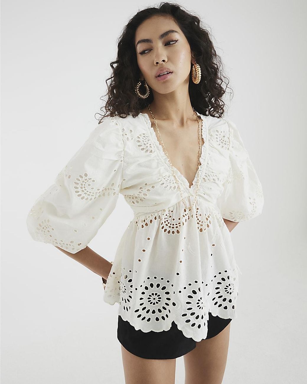 River Island White Blouse Mid Sleeve Broderie V-Neck Cotton