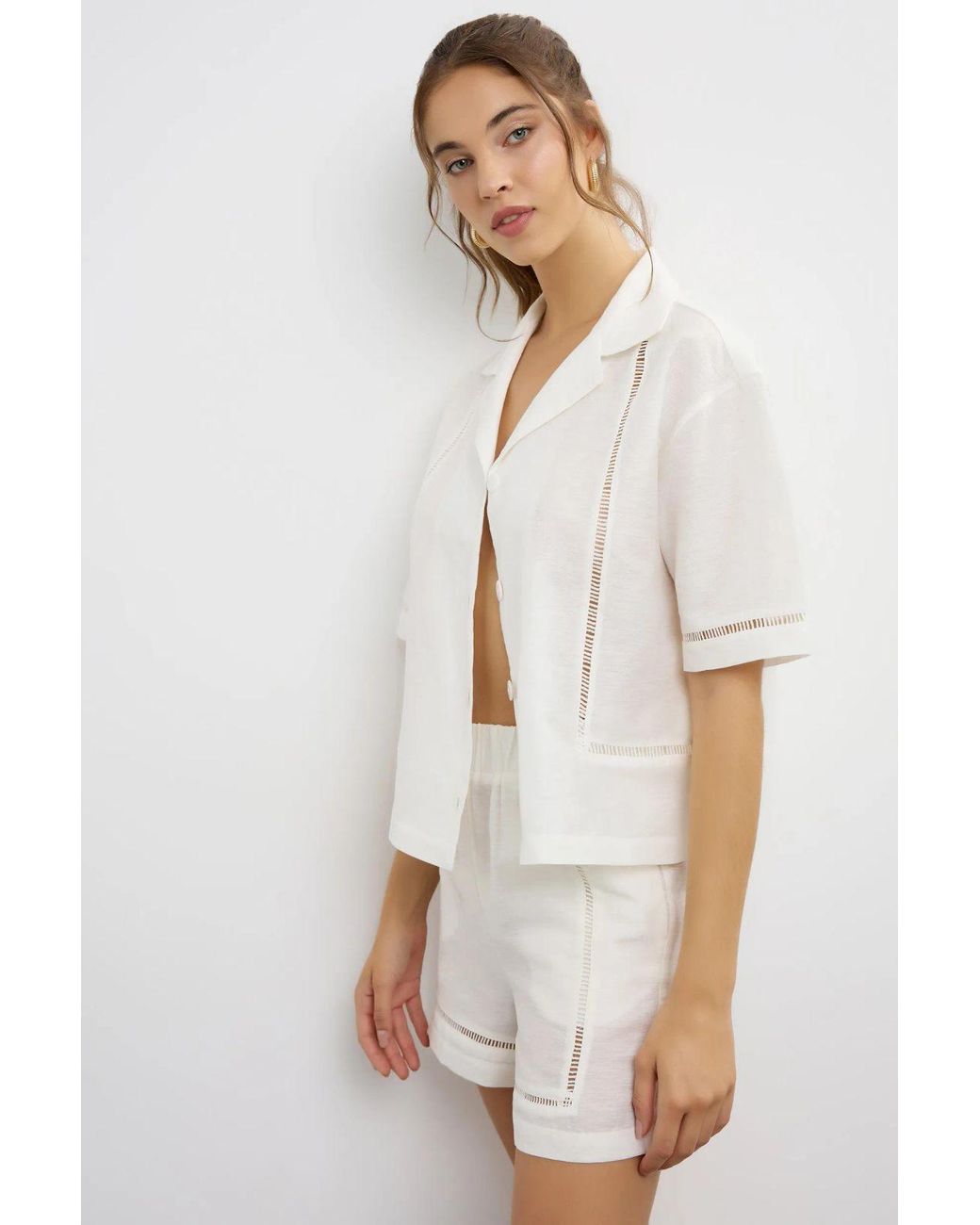 Hiccup White Linen Shorts With Cutout Detail