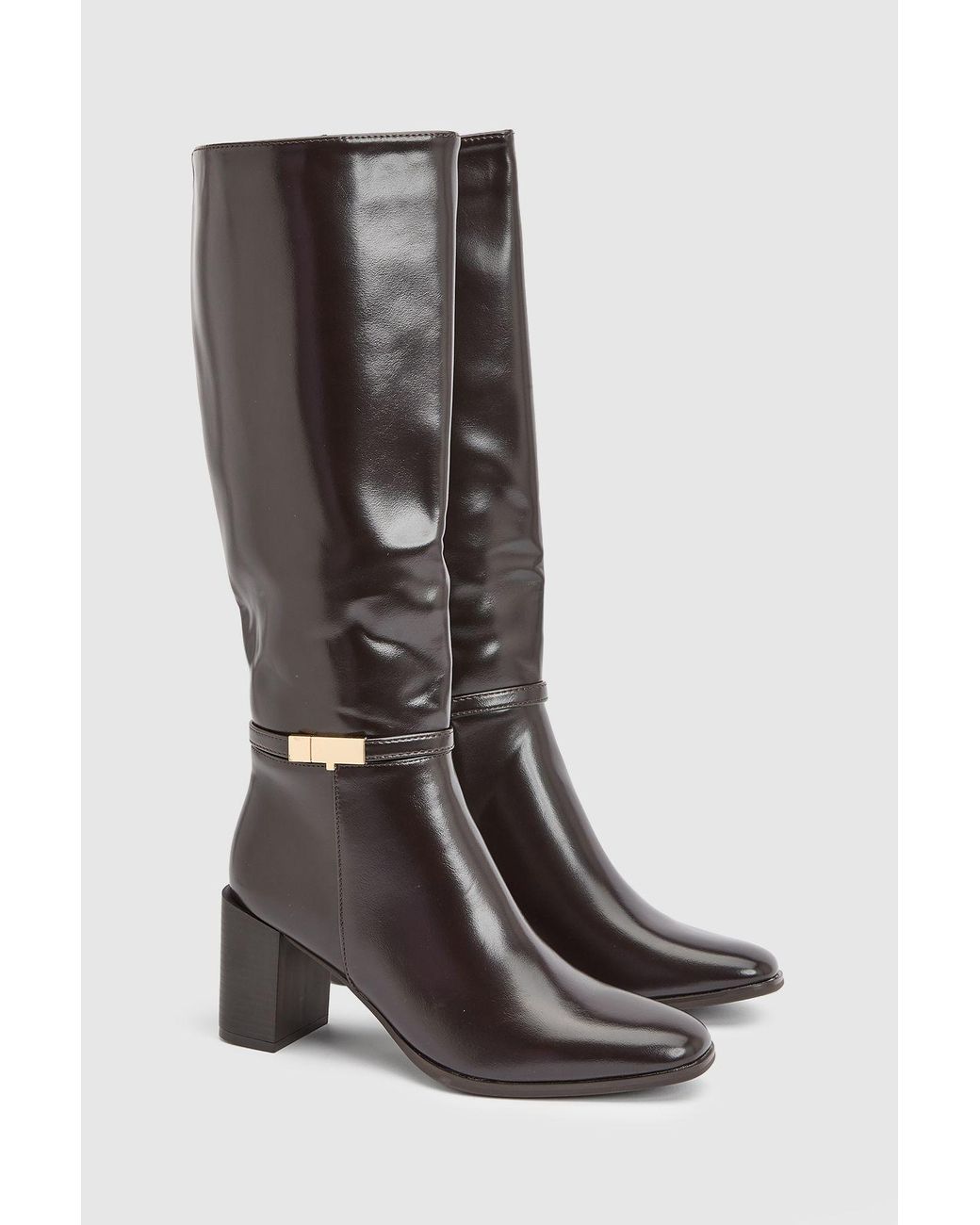 Wallis Black Joy Faux Leather Metal Trim High Block Heel Leg Boots