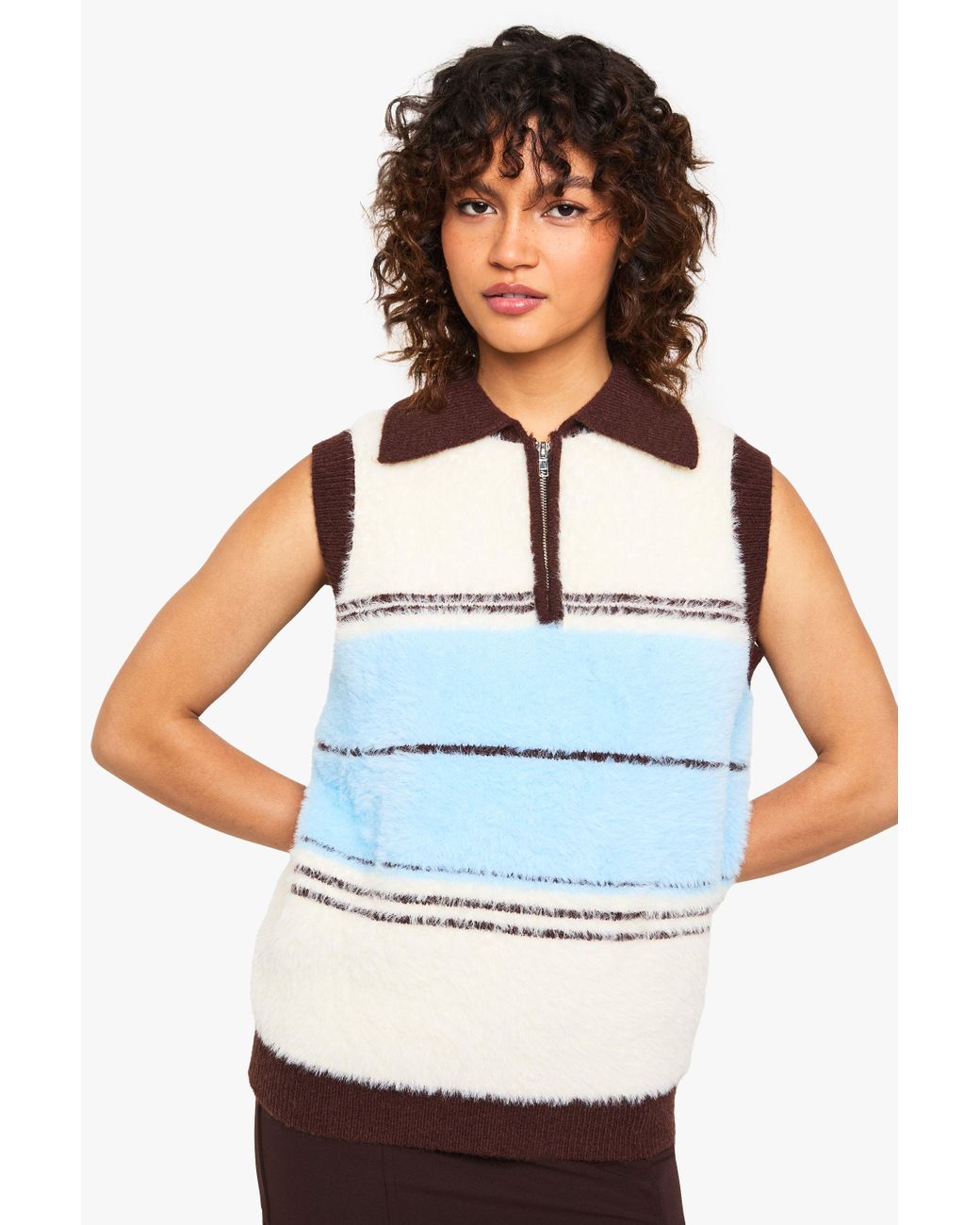 Boohoo White Super Soft Knitted Contrast Stripe Collared Vest