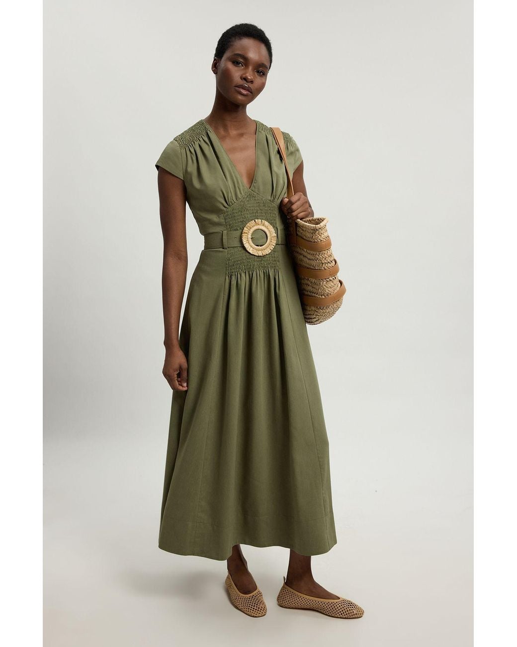 Karen Millen Green Shirred V Neck Belt Detail Woven Maxi Dress