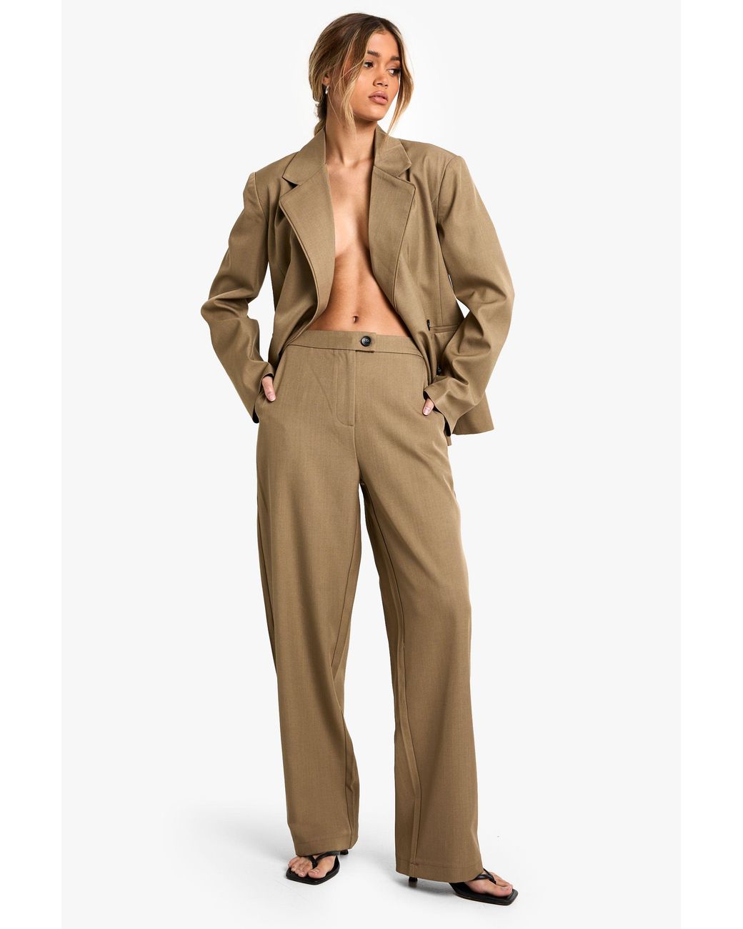 Boohoo Natural Tailored Straight Leg Trousers