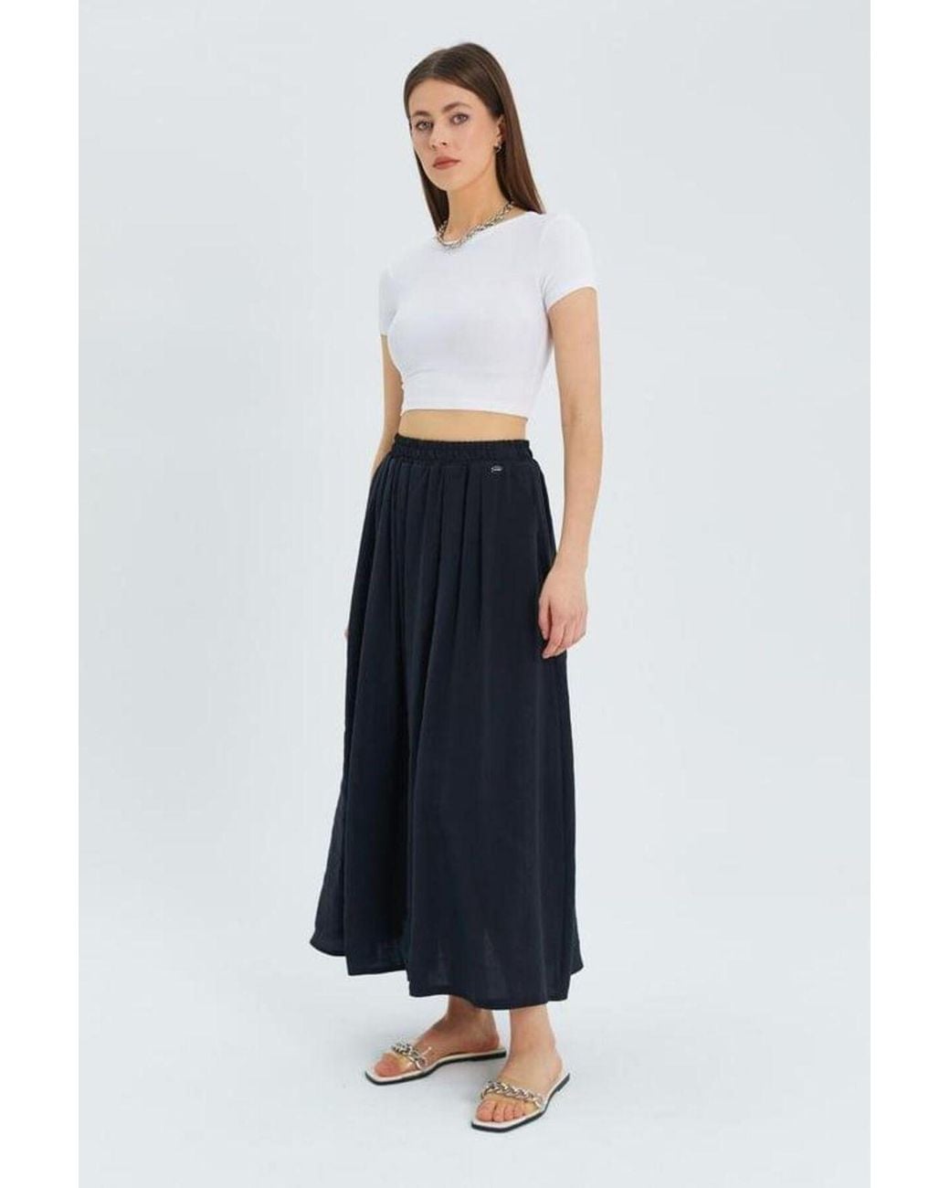 MixRay Blue High-Waisted Long Skirt With Pockets