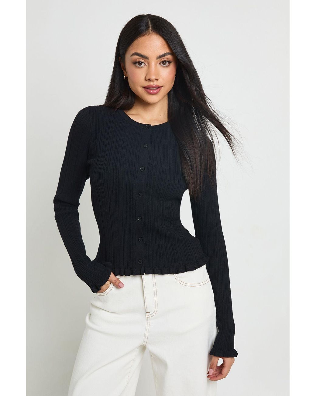 Boohoo Blue Rib Knit Lettuce Edge Cardigan
