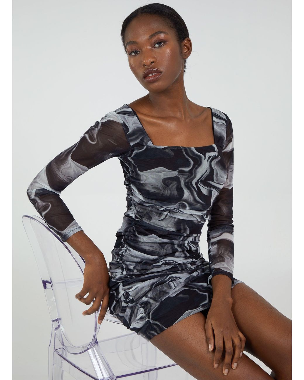 knee length dresses for ladies Marble Print Mesh Midi Dress – SHOP YEN US main image 1