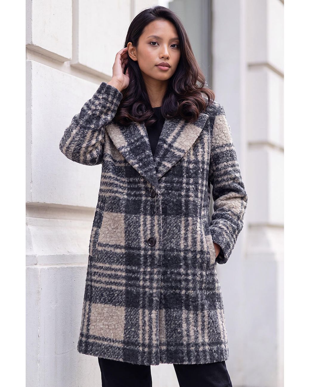 Roman Blue Petite Boucle Check Coat
