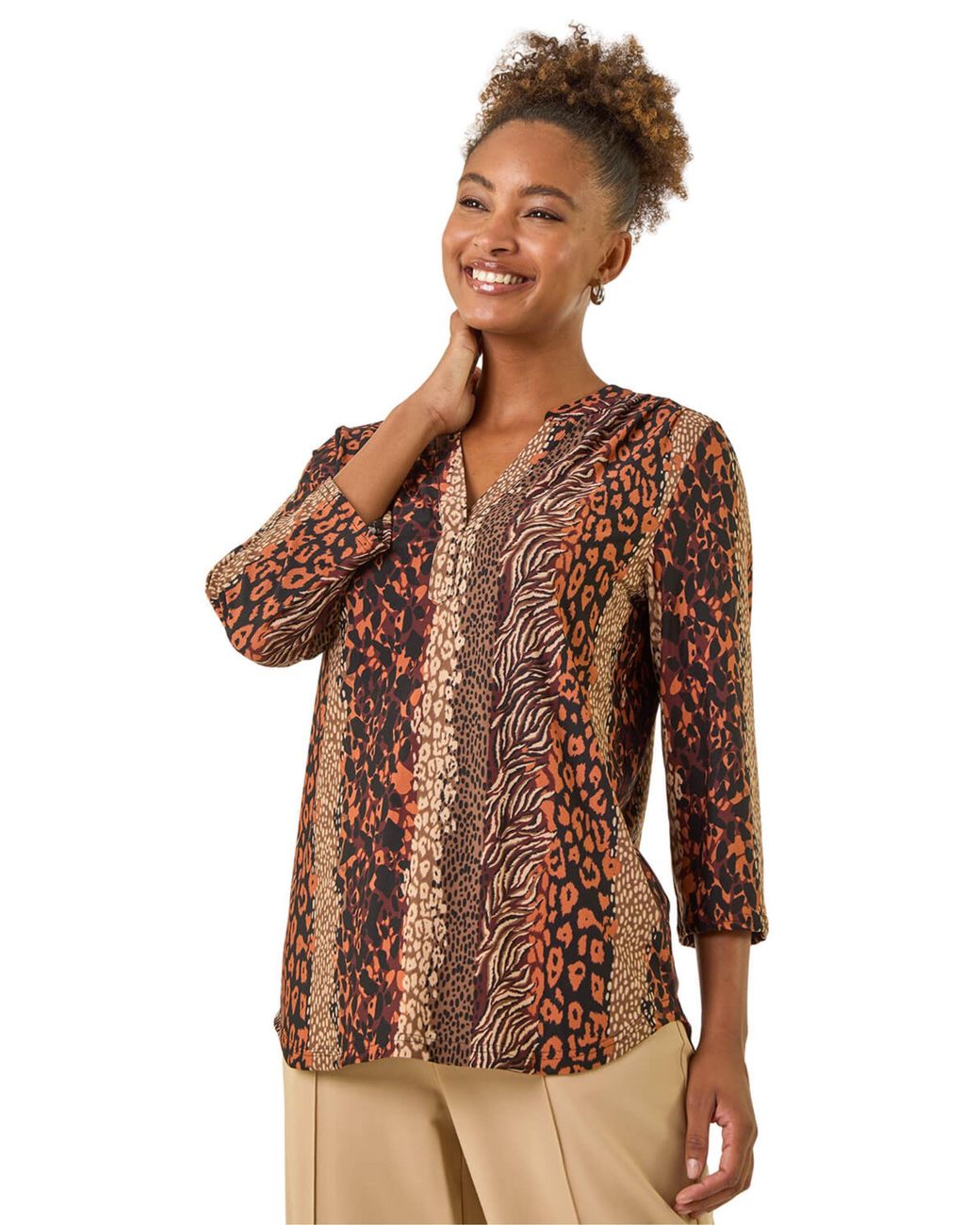 Roman Brown Abstract Print V-Neck Stretch Top