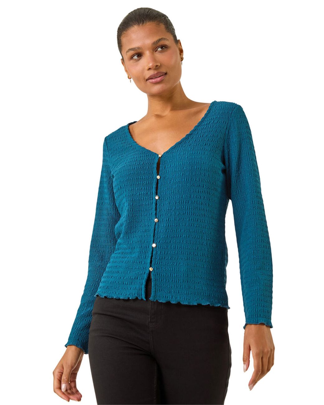 Roman Blue Textured V-Neck Blouse