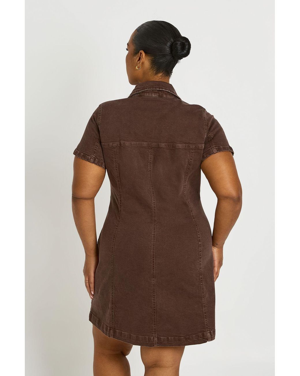 Boohoo Brown Plus Short Sleeve Zip Front Denim Dress