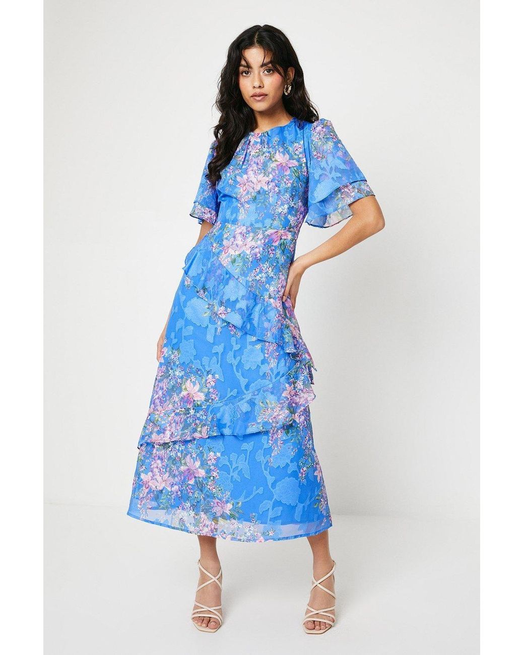 Oasis Blue Petite Double Frill Satin Burnout Midi Dress